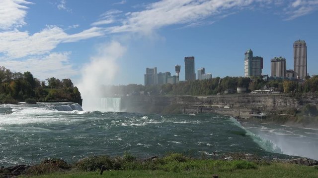 4K. Ultra HD. The famous waterfall of Niagara Falls, a popular place among tourists from all over the world. View from the United States. In the image, two waterfalls can be seen at the same time.