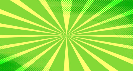 Vintage colorful comic book background. Green blank bubbles of different shapes. Rays, radial, halftone, dotted effects. For sale banner for your designe 1960s. Copy space vector eps10.