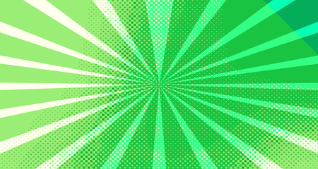 Vintage colorful comic book background. Green blank bubbles of different shapes. Rays, radial, halftone, dotted effects. For sale banner for your designe 1960s. Copy space vector eps10.