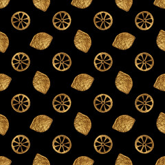 Lemons gold hand painted seamless pattern. Abstract citrus golden background. Fruit glitter texture in vintage style.