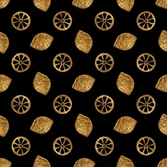 Cercles muraux Citrons Modèle sans couture peint à la main de citrons or. Abstrait d& 39 agrumes doré. Texture de paillettes de fruits dans un style vintage.