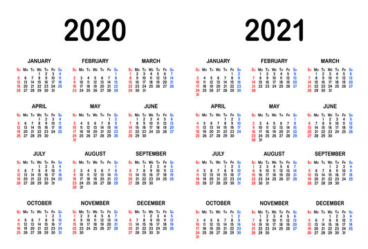 Black and white Calendar templates for 2020 and 2021 with year date and months, vector illustration