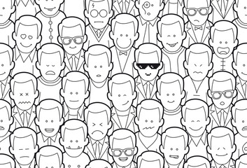 Vector seamless texture black line funny cartoon men. Isolated on white background.