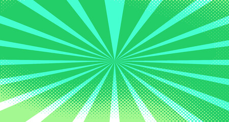 Vintage colorful comic book background. Green blank bubbles of different shapes. Rays, radial, halftone, dotted effects. For sale banner for your designe 1960s. Copy space vector eps10.