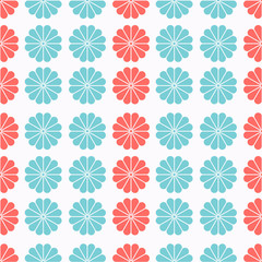 Vertical Seamless Pattern of Geometric Red Coral and Turquoise Elements on White Background
