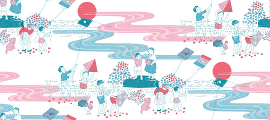 Vector seamless background illustration of Korean town people. The modern design of Korea. Design for fabric, web design, print project, and rapping