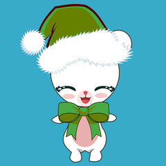 Cartoon Cute Polar Bear Wearing a Christmas Green Hat and Bow, smiling with closed eyes. Adorable Christmas Baby Animal