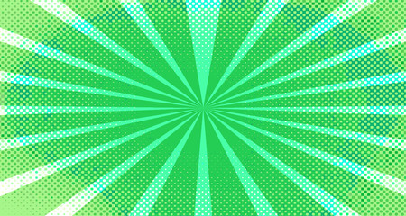 Vintage colorful comic book background. Green blank bubbles of different shapes. Rays, radial, halftone, dotted effects. For sale banner for your designe 1960s. Copy space vector eps10.