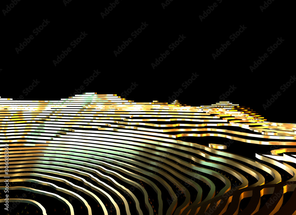 Aufkleber Abstract topographic map 3D background with shiny golden lines in sci-fi technology style. 3D illustration
