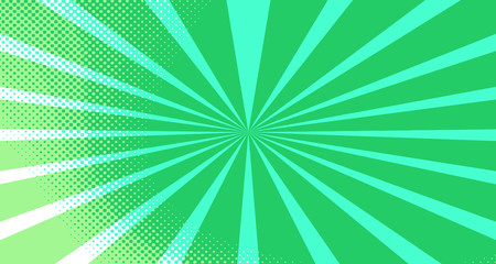 Vintage colorful comic book background. Green blank bubbles of different shapes. Rays, radial, halftone, dotted effects. For sale banner for your designe 1960s. Copy space vector eps10.