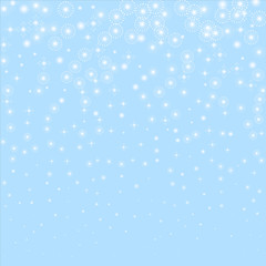 Snowflakes isolated. Flying snow flakes and stars on ligth blue background.