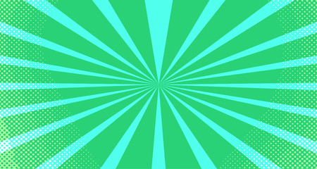 Vintage colorful comic book background. Green blank bubbles of different shapes. Rays, radial, halftone, dotted effects. For sale banner for your designe 1960s. Copy space vector eps10.