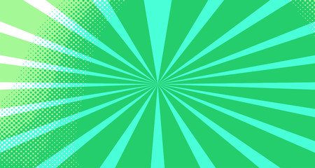 Vintage colorful comic book background. Green blank bubbles of different shapes. Rays, radial, halftone, dotted effects. For sale banner for your designe 1960s. Copy space vector eps10.