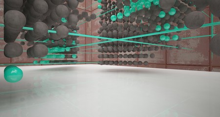 Abstract architectural concrete  interior  from an array of green spheres with large windows. 3D illustration and rendering.
