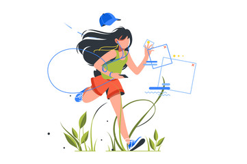 Girl running with phone and headset outdoor