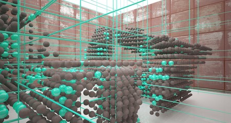 Abstract architectural concrete  interior  from an array of green spheres with large windows. 3D illustration and rendering.