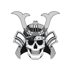 Black and white Human skull in Samurai headdress