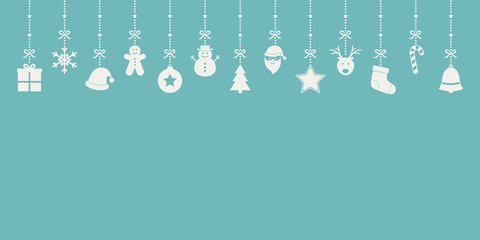Hanging Christmas elements on background with copyspace. Festive ornament. Vector