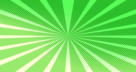 Vintage colorful comic book background. Green blank bubbles of different shapes. Rays, radial, halftone, dotted effects. For sale banner for your designe 1960s. Copy space vector eps10.