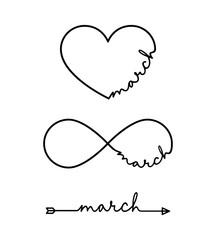 March - word with infinity symbol, hand drawn heart, one black arrow line. Minimalistic drawing of phrase illustration