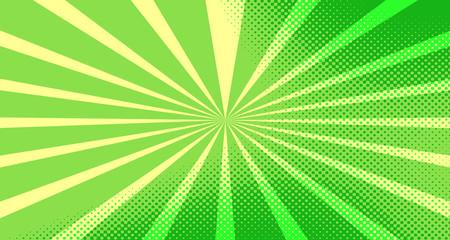 Vintage colorful comic book background. Green blank bubbles of different shapes. Rays, radial, halftone, dotted effects. For sale banner for your designe 1960s. Copy space vector eps10.