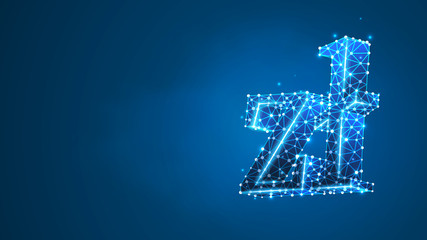 Zloty currency sign. Polish, ZL money symbol. Business, data cash, finance concept. Abstract digital wireframe, low poly mesh, Raster blue neon 3d illustration. Triangle, line dot