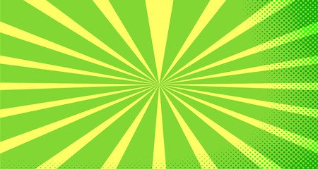 Vintage colorful comic book background. Green blank bubbles of different shapes. Rays, radial, halftone, dotted effects. For sale banner for your designe 1960s. Copy space vector eps10.
