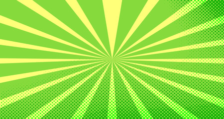 Vintage colorful comic book background. Green blank bubbles of different shapes. Rays, radial, halftone, dotted effects. For sale banner for your designe 1960s. Copy space vector eps10.