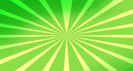 Vintage colorful comic book background. Green blank bubbles of different shapes. Rays, radial, halftone, dotted effects. For sale banner for your designe 1960s. Copy space vector eps10.