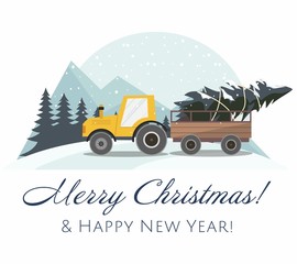 New Year and Merry Christmas card. Yellow Christmas tractor with a trailer and with fir tree. Winter landscape.  - 306087962