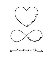 Summer - word with infinity symbol, hand drawn heart, one black arrow line. Minimalistic drawing of phrase illustration