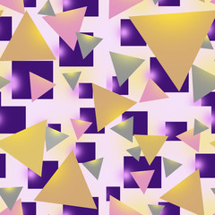 Seamless geometric background from triangles and squares of purple, sand, pink. Digital illustration for printing on festive wrapping paper, wallpaper, fabric.