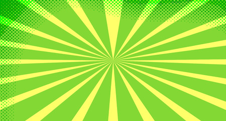 Vintage colorful comic book background. Green blank bubbles of different shapes. Rays, radial, halftone, dotted effects. For sale banner for your designe 1960s. Copy space vector eps10.