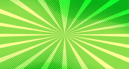 Vintage colorful comic book background. Green blank bubbles of different shapes. Rays, radial, halftone, dotted effects. For sale banner for your designe 1960s. Copy space vector eps10.