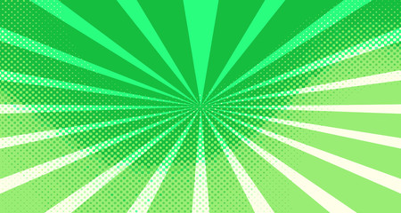 Vintage colorful comic book background. Green blank bubbles of different shapes. Rays, radial, halftone, dotted effects. For sale banner for your designe 1960s. Copy space vector eps10.