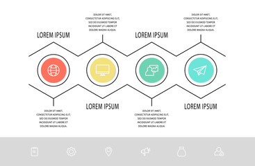 Vector flat line template circle infographics. Business concept with 4 options and arrows. Four steps for content, flowchart, timeline, levels, marketing, presentation, graph, diagrams, slideshow