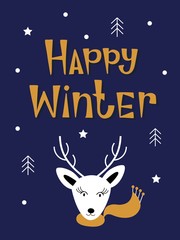 Obraz na płótnie Canvas Happy winter. Hand drawn lettering and illustrations. Best for Christmas / New Year greeting cards, invitation templates, posters, banners. Vector illustration
