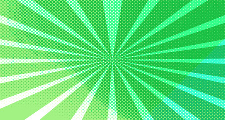 Vintage colorful comic book background. Green blank bubbles of different shapes. Rays, radial, halftone, dotted effects. For sale banner for your designe 1960s. Copy space vector eps10.
