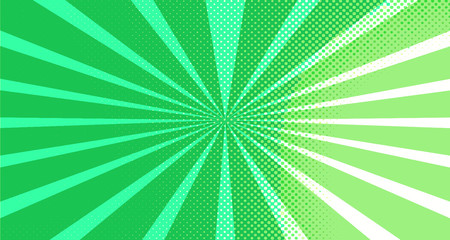Vintage colorful comic book background. Green blank bubbles of different shapes. Rays, radial, halftone, dotted effects. For sale banner for your designe 1960s. Copy space vector eps10.