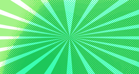 Vintage colorful comic book background. Green blank bubbles of different shapes. Rays, radial, halftone, dotted effects. For sale banner for your designe 1960s. Copy space vector eps10.