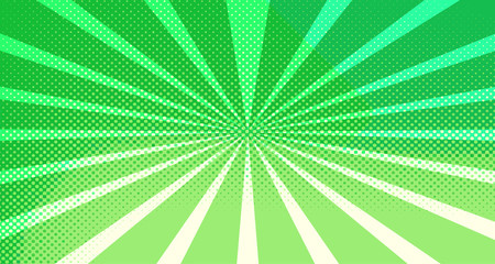 Vintage colorful comic book background. Green blank bubbles of different shapes. Rays, radial, halftone, dotted effects. For sale banner for your designe 1960s. Copy space vector eps10.