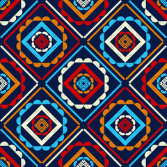 Ethnic boho seamless pattern. Lace. Embroidery on fabric. Patchwork texture. Weaving. Traditional ornament. Tribal pattern. Folk motif. Vector illustration for web design or print.