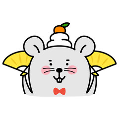 お正月のイラスト。頭に餅を乗せてるネズミのキャラクター。