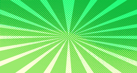 Vintage colorful comic book background. Green blank bubbles of different shapes. Rays, radial, halftone, dotted effects. For sale banner for your designe 1960s. Copy space vector eps10.