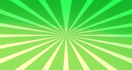 Vintage colorful comic book background. Green blank bubbles of different shapes. Rays, radial, halftone, dotted effects. For sale banner for your designe 1960s. Copy space vector eps10.