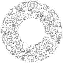 Pajama party linear concept in circle frame with space for text. Sleepover or slumber party objects isolated on a white background. For banner, poster, card, sticker design. Cute vector illustration