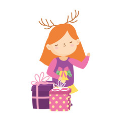 merry christmas little girl with ugly sweater gift boxes