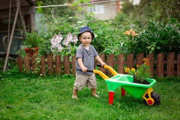 Child gardener with garden wheelbarrow and flowers
