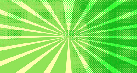Vintage colorful comic book background. Green blank bubbles of different shapes. Rays, radial, halftone, dotted effects. For sale banner for your designe 1960s. Copy space vector eps10.