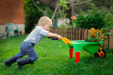 Child gardener with garden wheelbarrow and flowers